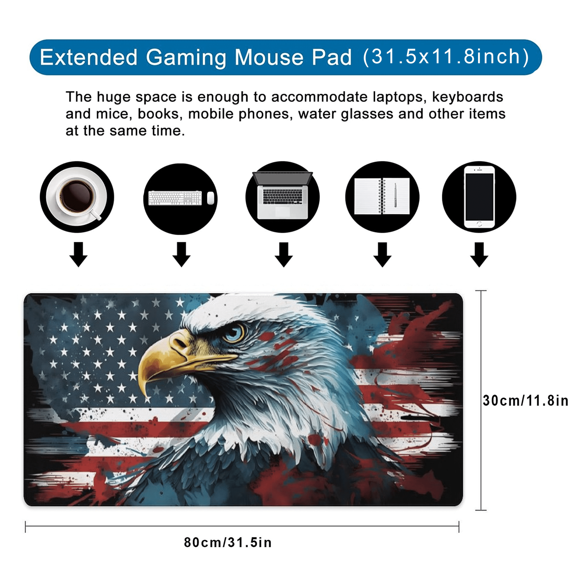 Bald Eagle American Flag Desk Pad, USA Flag Large Gaming Mouse Pad for Desk, 31.5"x11.8" Extended Big Computer Keyboa... - Image 2