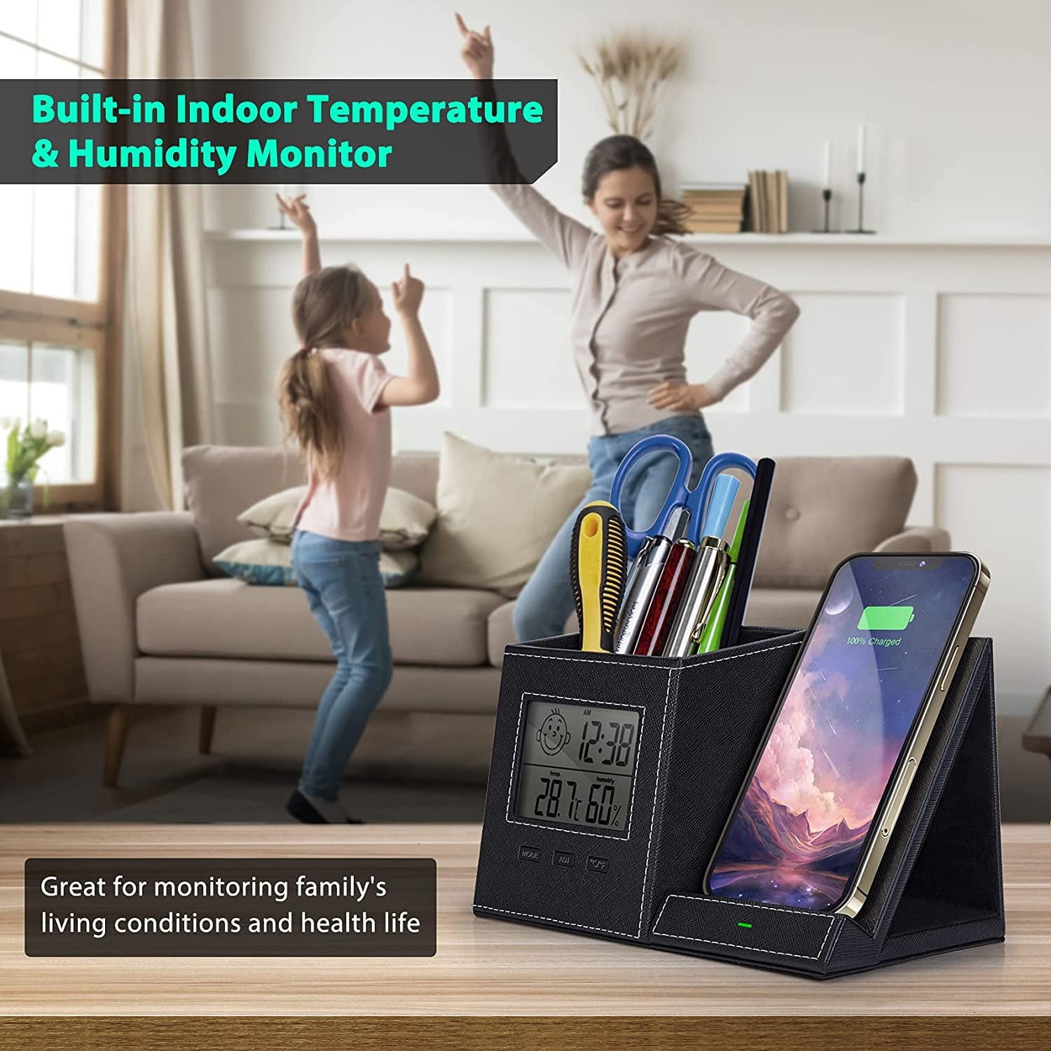Desk Organizer with Wireless Charging for iPhone, PU Leather with Pencil Holder for Desk & Nightstand, 1 Pack - Image 6