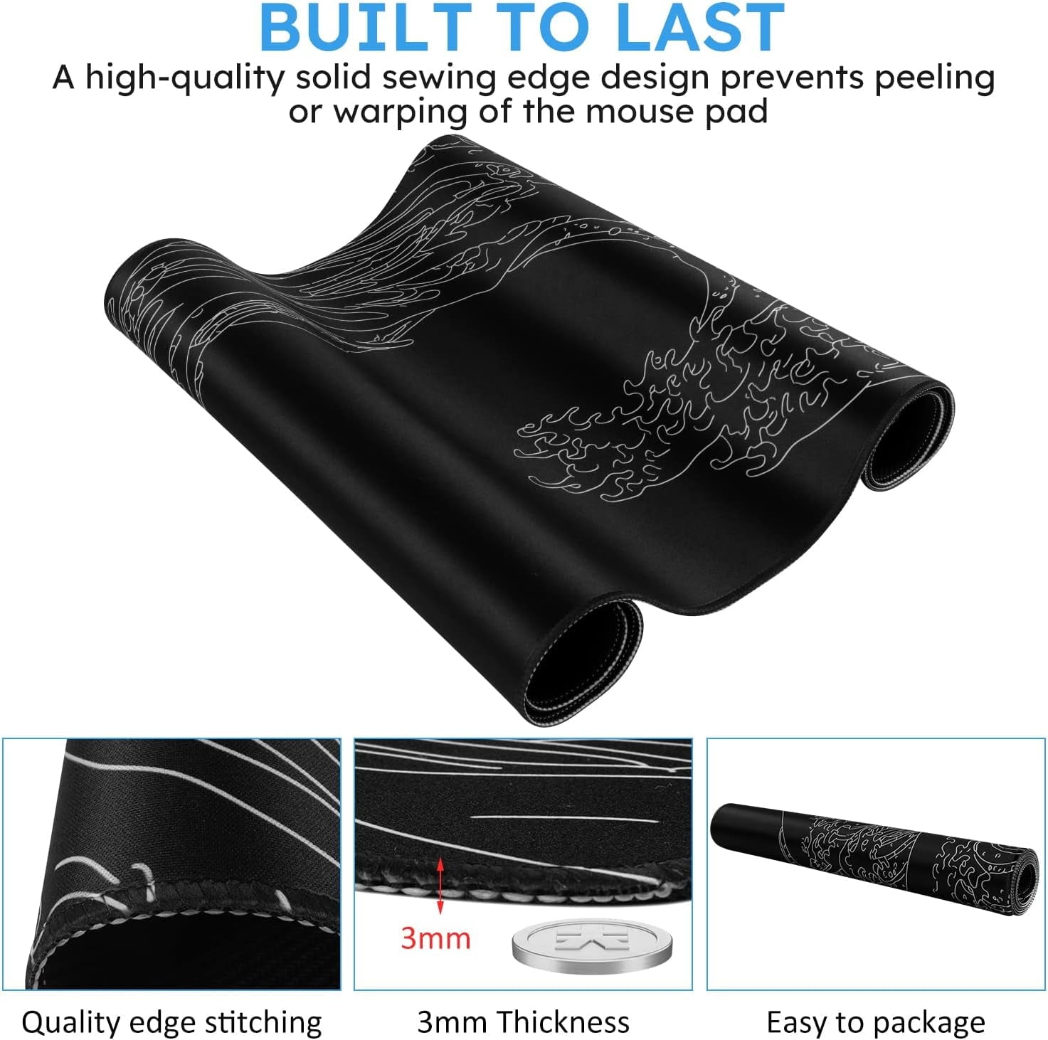 Large , Big Rubber Base Mat with Stitched Edges, Computer Keyboard Desk for Work, Game, Office, Home - Black Wave of ... - Image 3