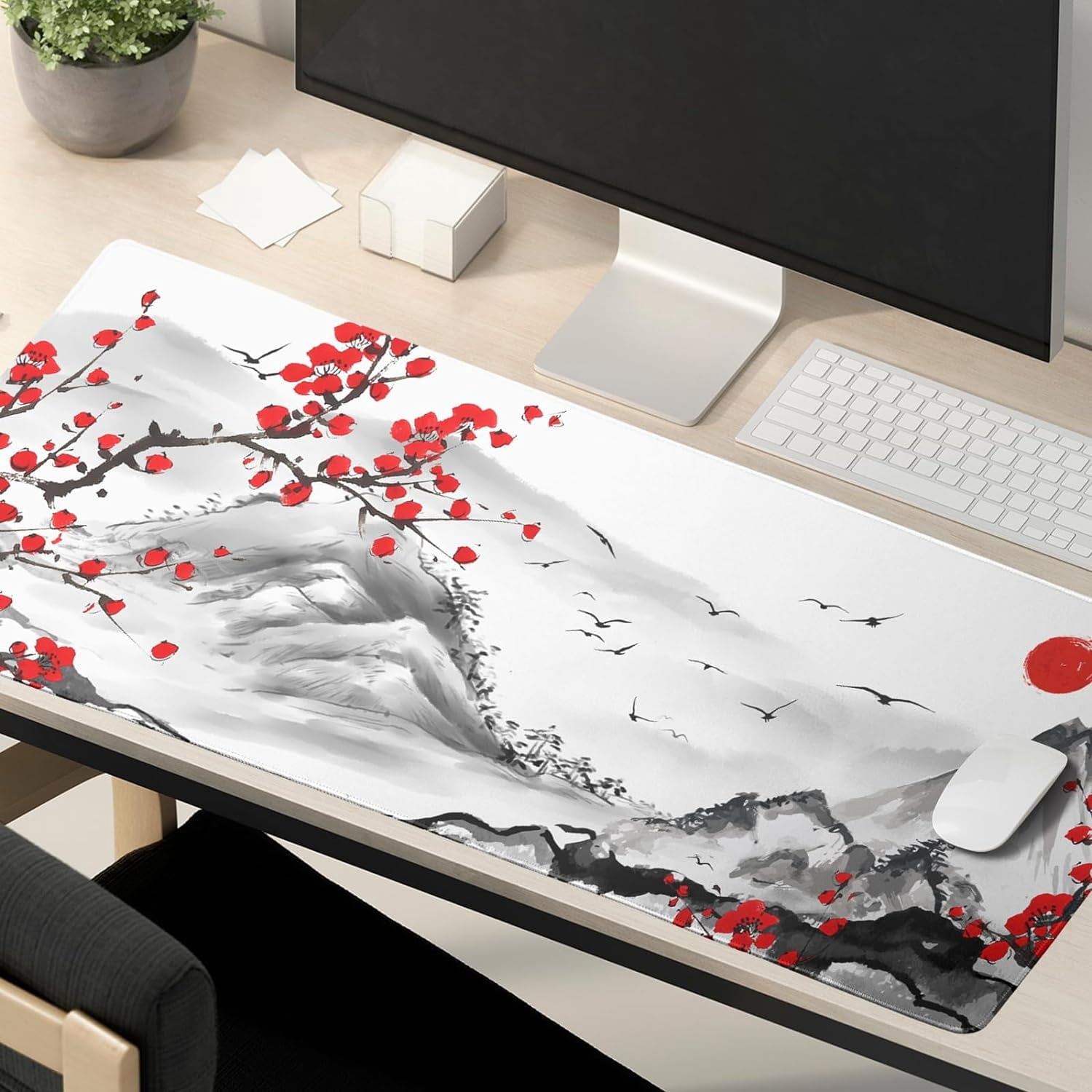 Japanese Cherry Blossom Gaming Mouse Pad 31.5x11.8 Inch Watercolor Cherry Blossom Keyboard Mat Extended Large Non-Sli... - Image 5