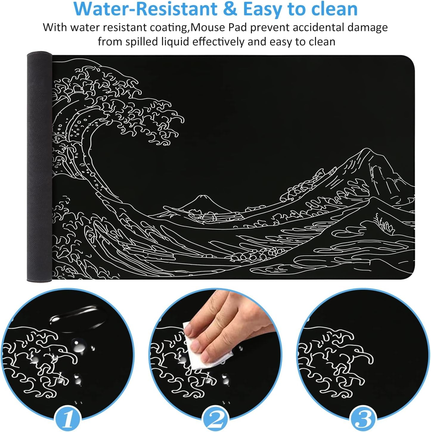 Large , Big Rubber Base Mat with Stitched Edges, Computer Keyboard Desk for Work, Game, Office, Home - Black Wave of ... - Image 4