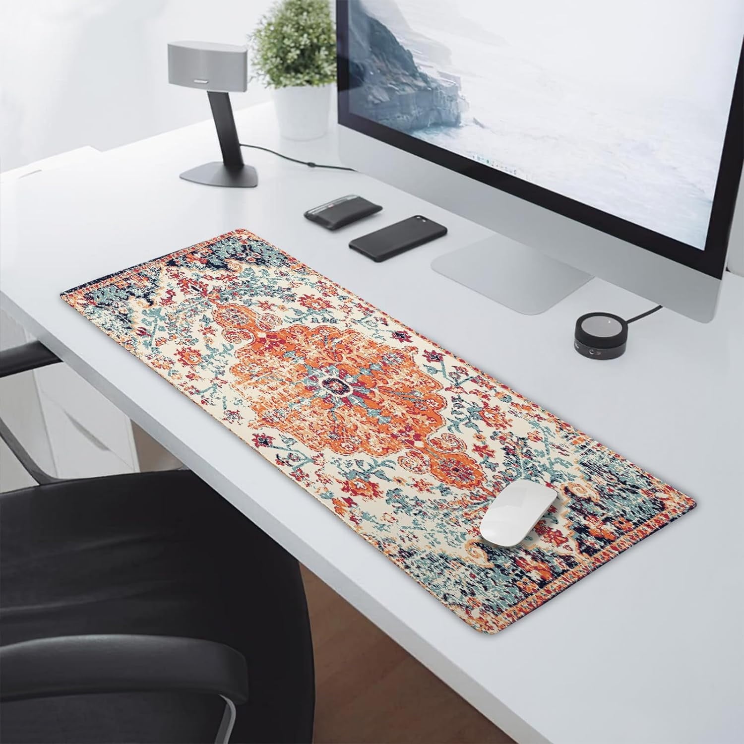 Orange Teal Boho Gaming Mouse Pad XL Persian Rug Carpet Bohemian Retro Extended Large Desk Mat Big Mousepad Non-Slip Rubber Base Stitched Ed - Image 5