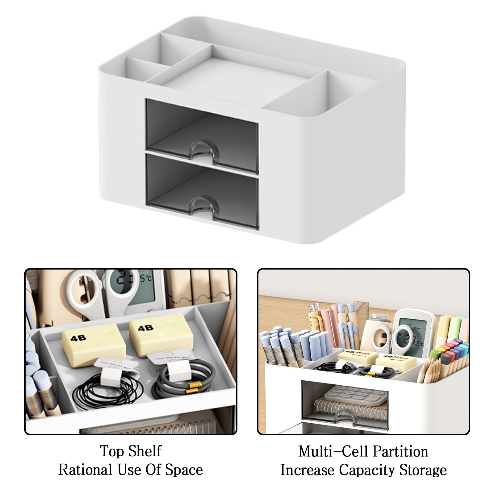 Vaupan Square Pen Holder Box Desk Organizer, 6 Compartments, Pen Holder Desk with Drawer, Multi-Purpose Table Organizer, Pen Organizer for H - Image 5