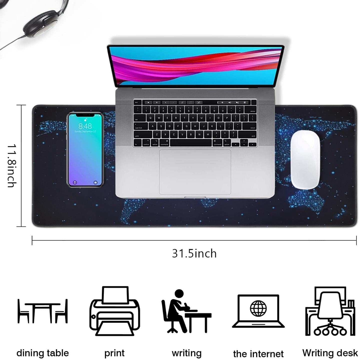 map Mouse pad (31.5x11.8 in) Extended Gaming Mousepad Non-Slip Rubber Base Desk mat for Desktop with Stitched Edges C... - Image 4