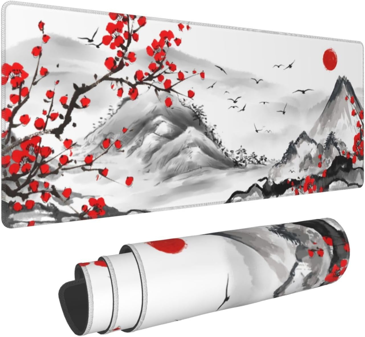 Japanese Cherry Blossom Gaming Mouse Pad 31.5x11.8 Inch Watercolor Cherry Blossom Keyboard Mat Extended Large Non-Sli...