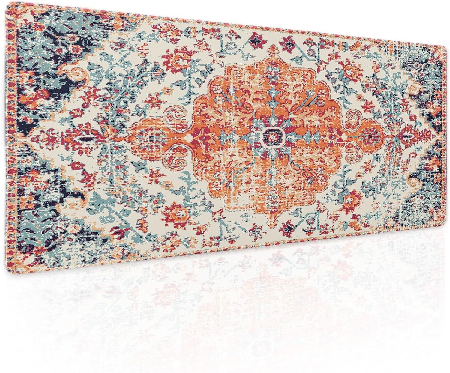 Orange Teal Boho Gaming Mouse Pad XL Persian Rug Carpet Bohemian Retro Extended Large Desk Mat Big Mousepad Non-Slip Rubber Base Stitched Ed