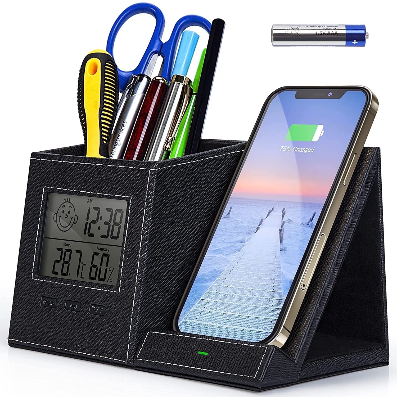 Desk Organizer with Wireless Charging for iPhone, PU Leather with Pencil Holder for Desk & Nightstand, 1 Pack