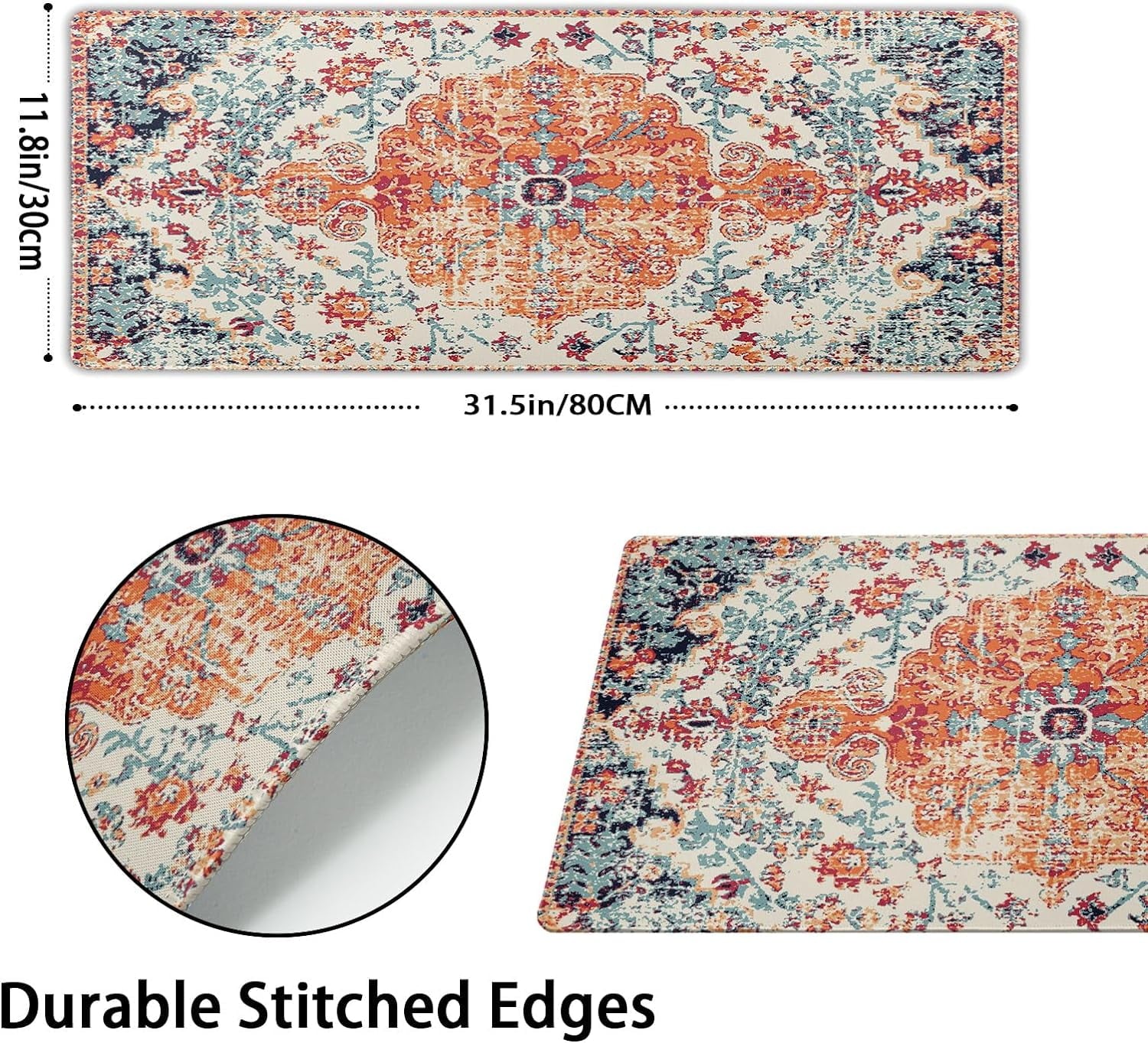 Orange Teal Boho Gaming Mouse Pad XL Persian Rug Carpet Bohemian Retro Extended Large Desk Mat Big Mousepad Non-Slip Rubber Base Stitched Ed - Image 2