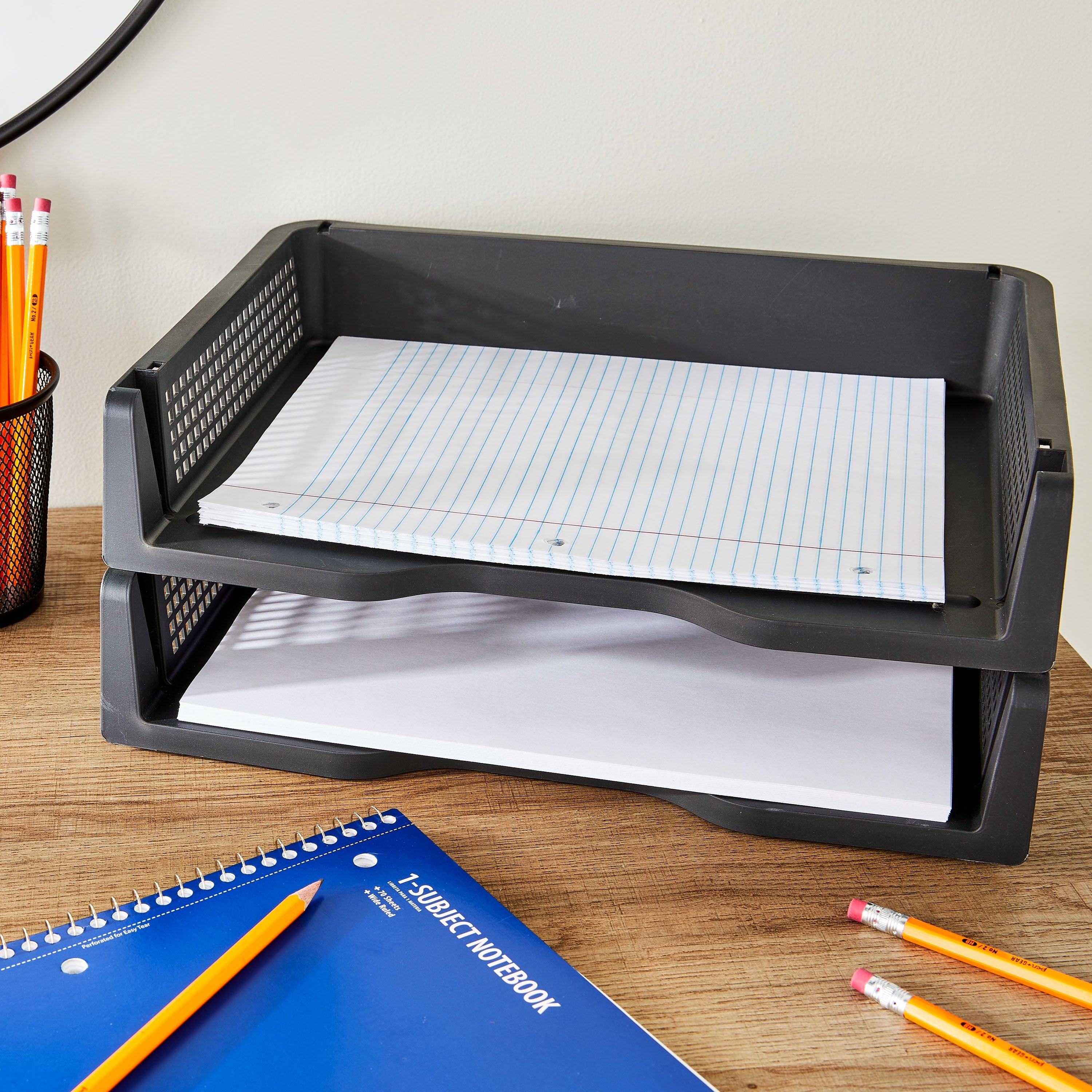 (2 pack) Stackable Plastic Letter Trays, Desktop File Document Organizers, Black, 2 Count - Image 4