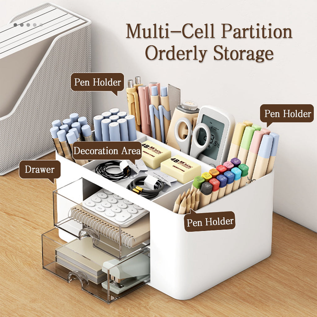 Vaupan Square Pen Holder Box Desk Organizer, 6 Compartments, Pen Holder Desk with Drawer, Multi-Purpose Table Organizer, Pen Organizer for H - Image 6