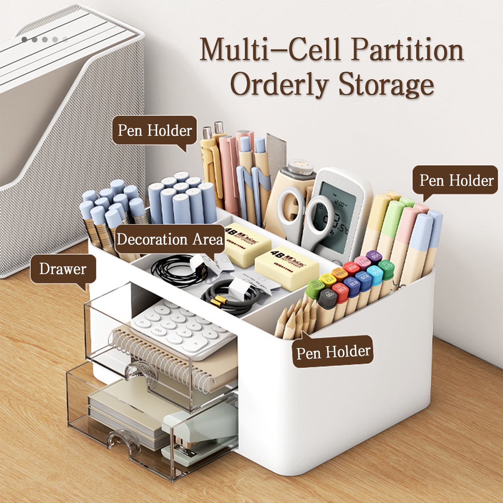 Vaupan Square Pen Holder Box Desk Organizer, 6 Compartments, Pen Holder Desk with Drawer, Multi-Purpose Table Organizer, Pen Organizer for H - Image 6
